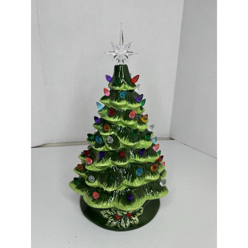 14in Pre-Lit Painted Ceramic Tabletop Christmas Tree w/ Lights - Green